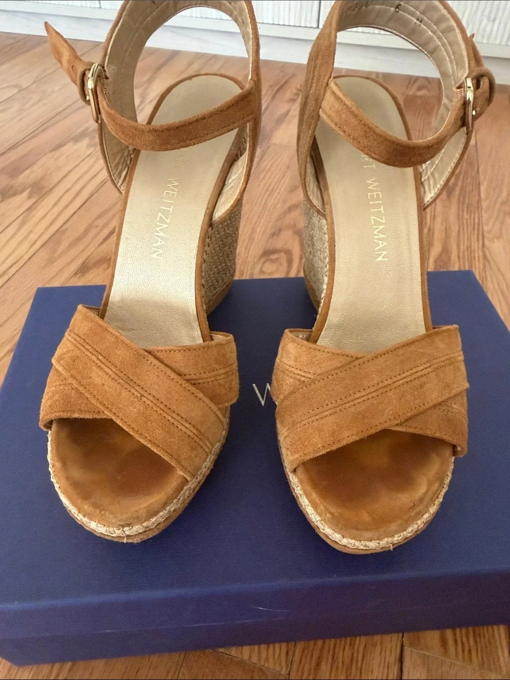 Stuart Weitzman Tan Suede Espadrille Wedge Sandals - Picture 6 of 9